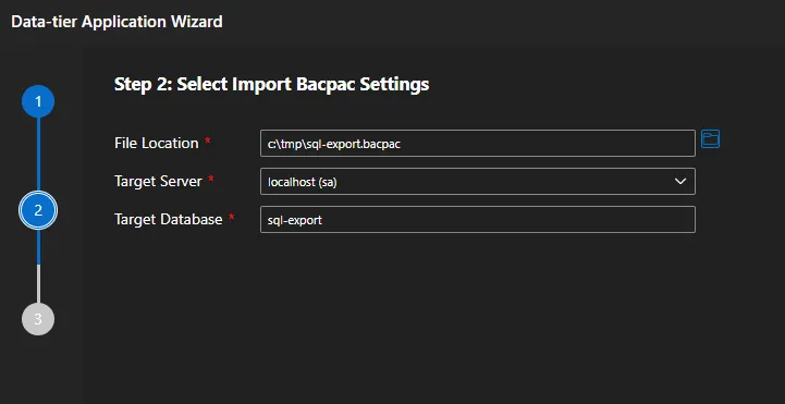 Data-tier Application Wizard Import Step 02