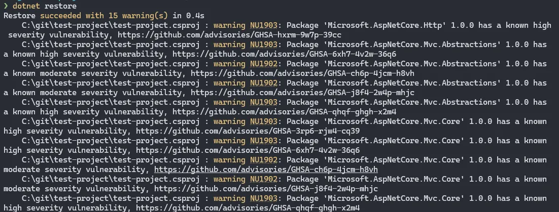 dotnet restore result with transative vulnerabilities