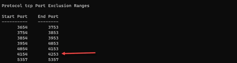 netsh interface ipv4 show excludedportrange protocol=tcp