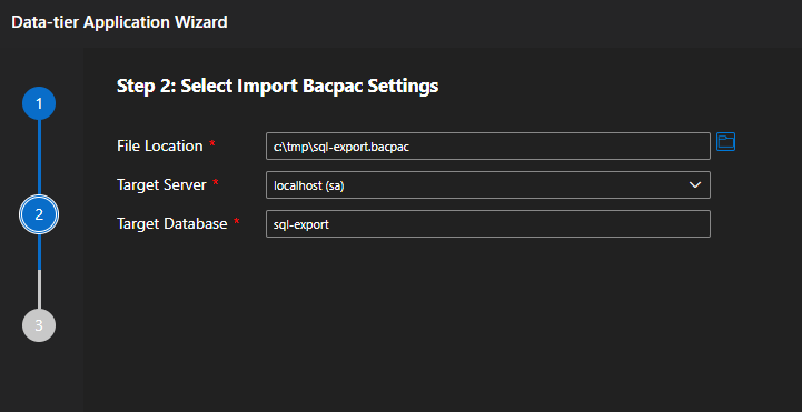 Data-tier Application Wizard Import Step 02