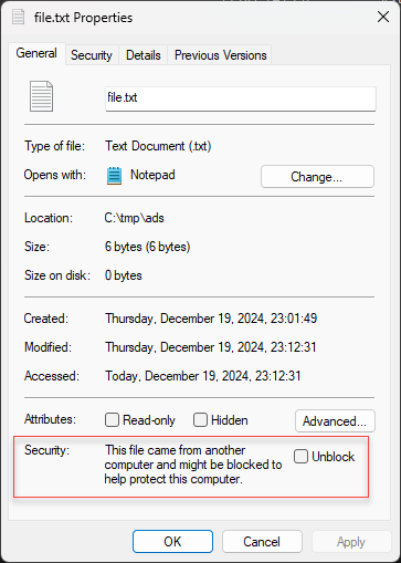 NTFS file security warning