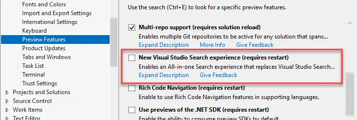 Enable Visual Studio New Search Experience